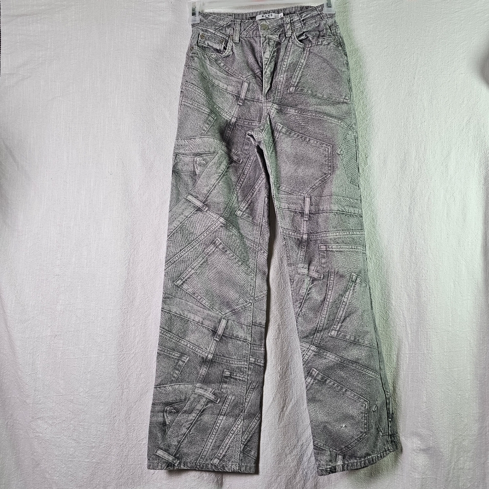 NA-KD Printed Grey Wide Leg Jeans SZ 32 Grunge